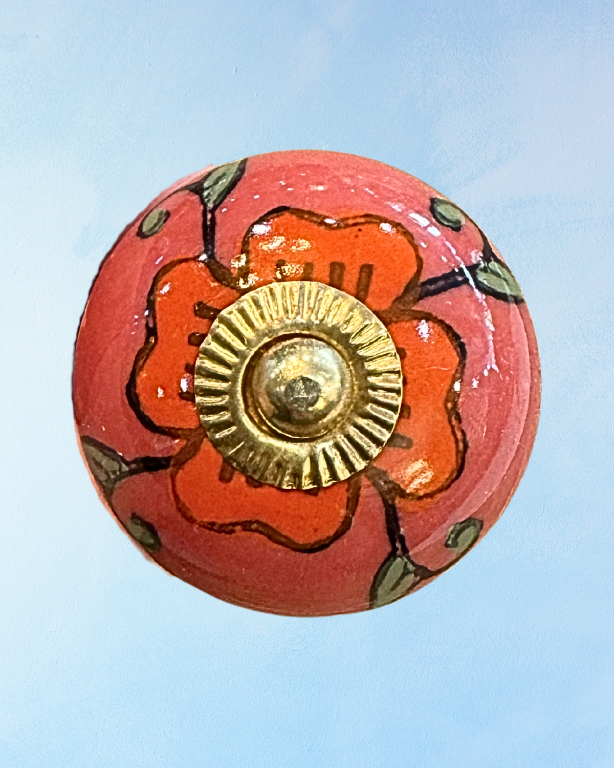 furniture knob - ceramic: red + green floral
