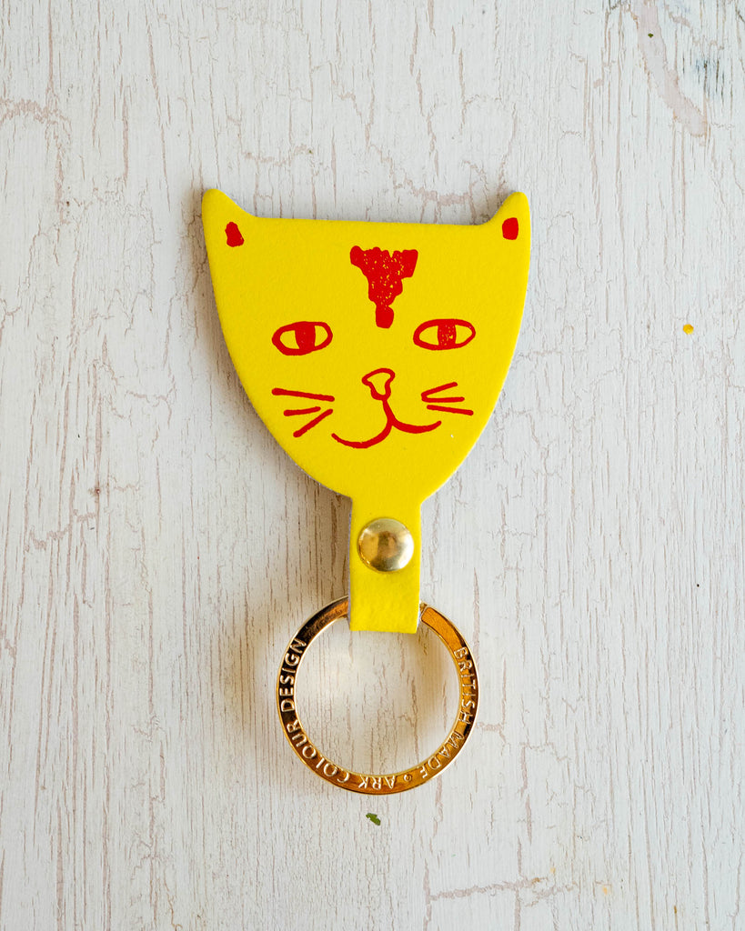 Leather cat keychain - yellow with red details