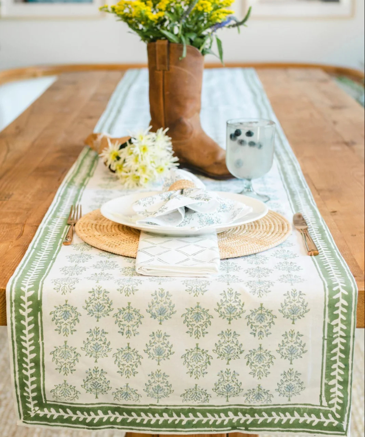 table runner - lotus: sage and uniform blue