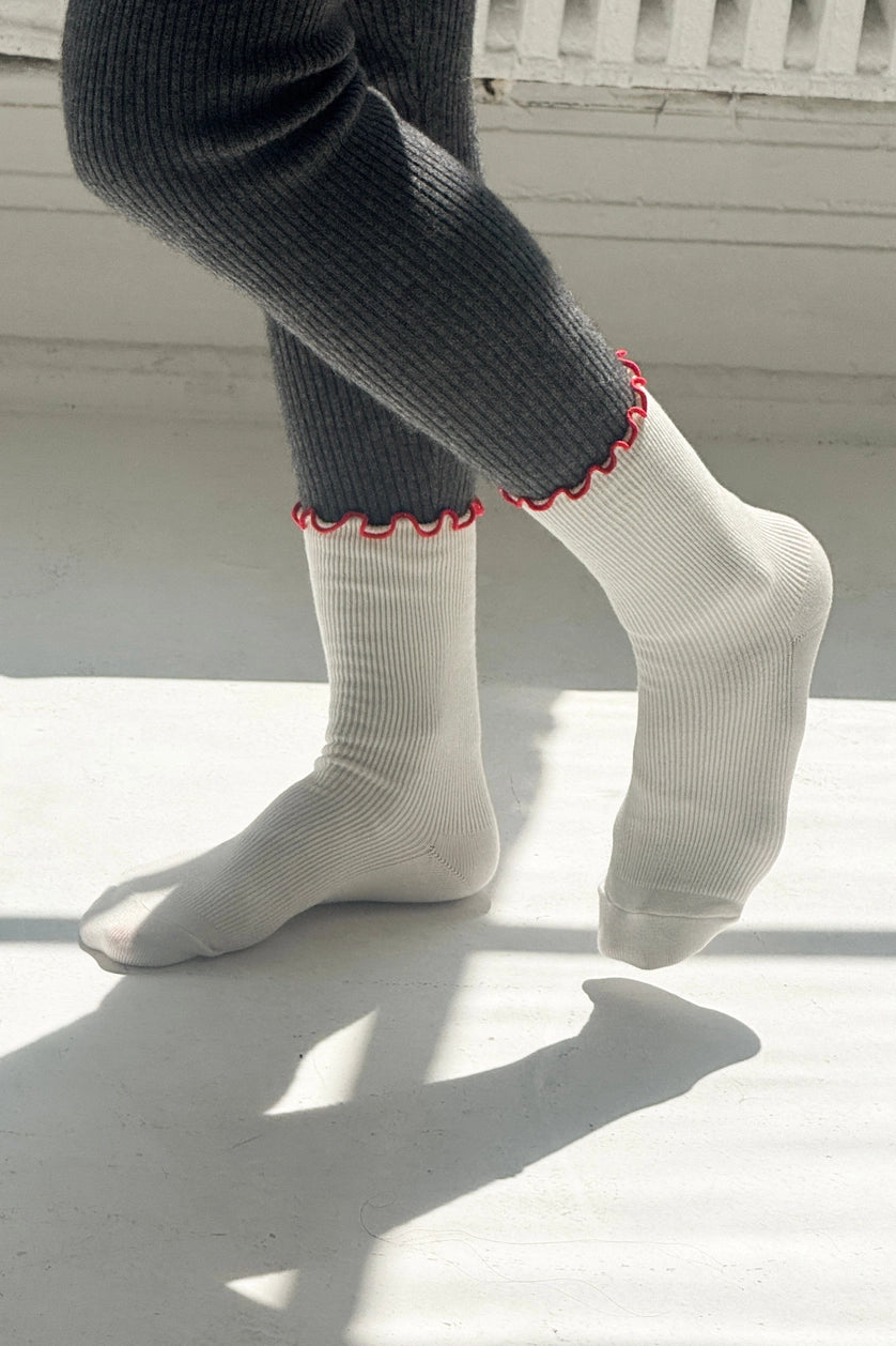 socks - ruffled modal - cream and red