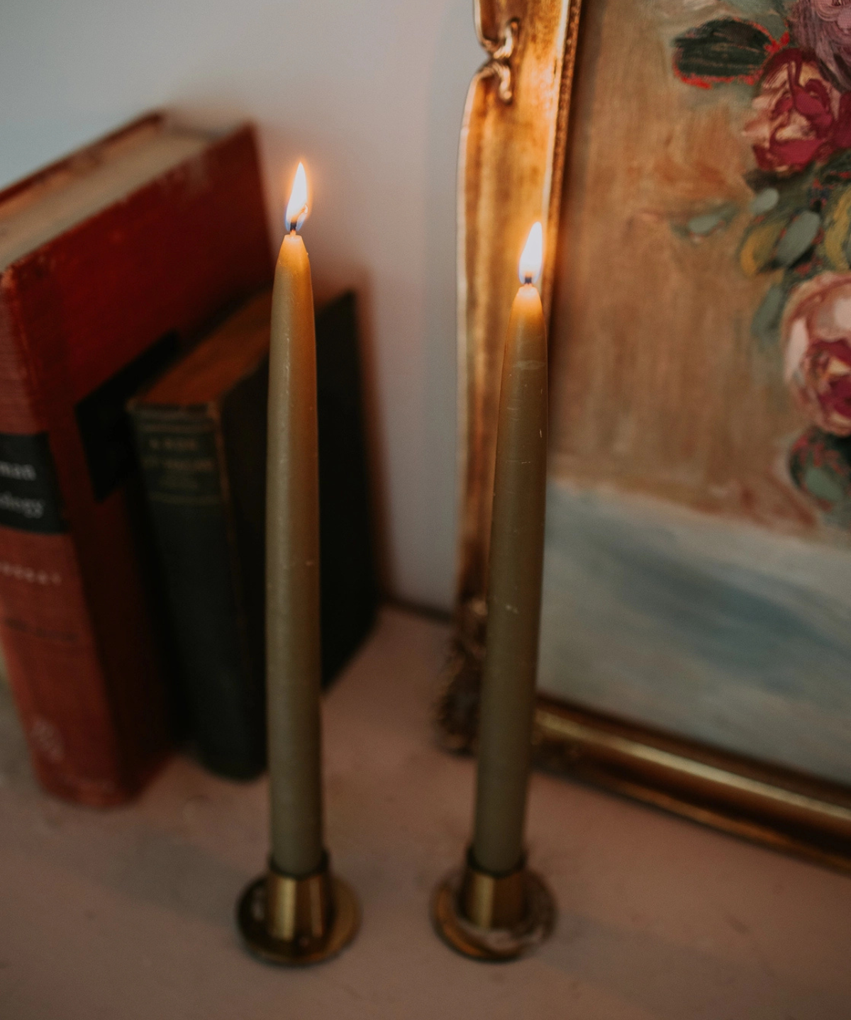 candle - pair of hand dipped beeswax tapers - moss green