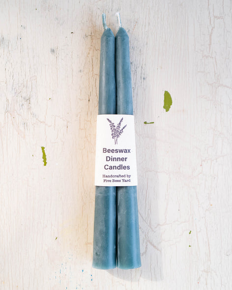 Five Bees Yard natural dye beeswax tapers in mallard blue (set of two)