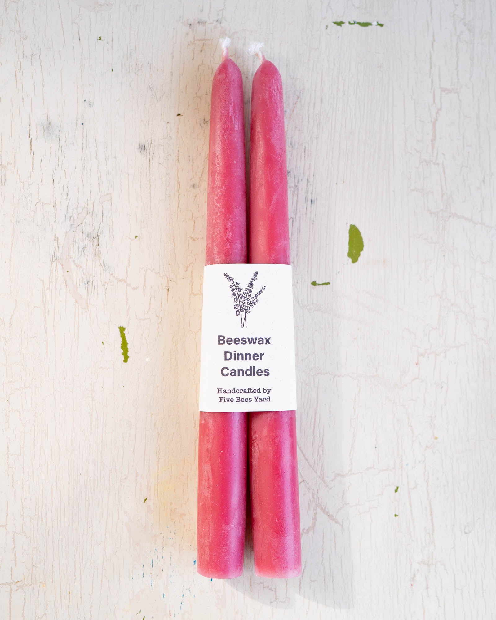 Set of 2 Five Bees Yard natural beeswax taper in artic pink