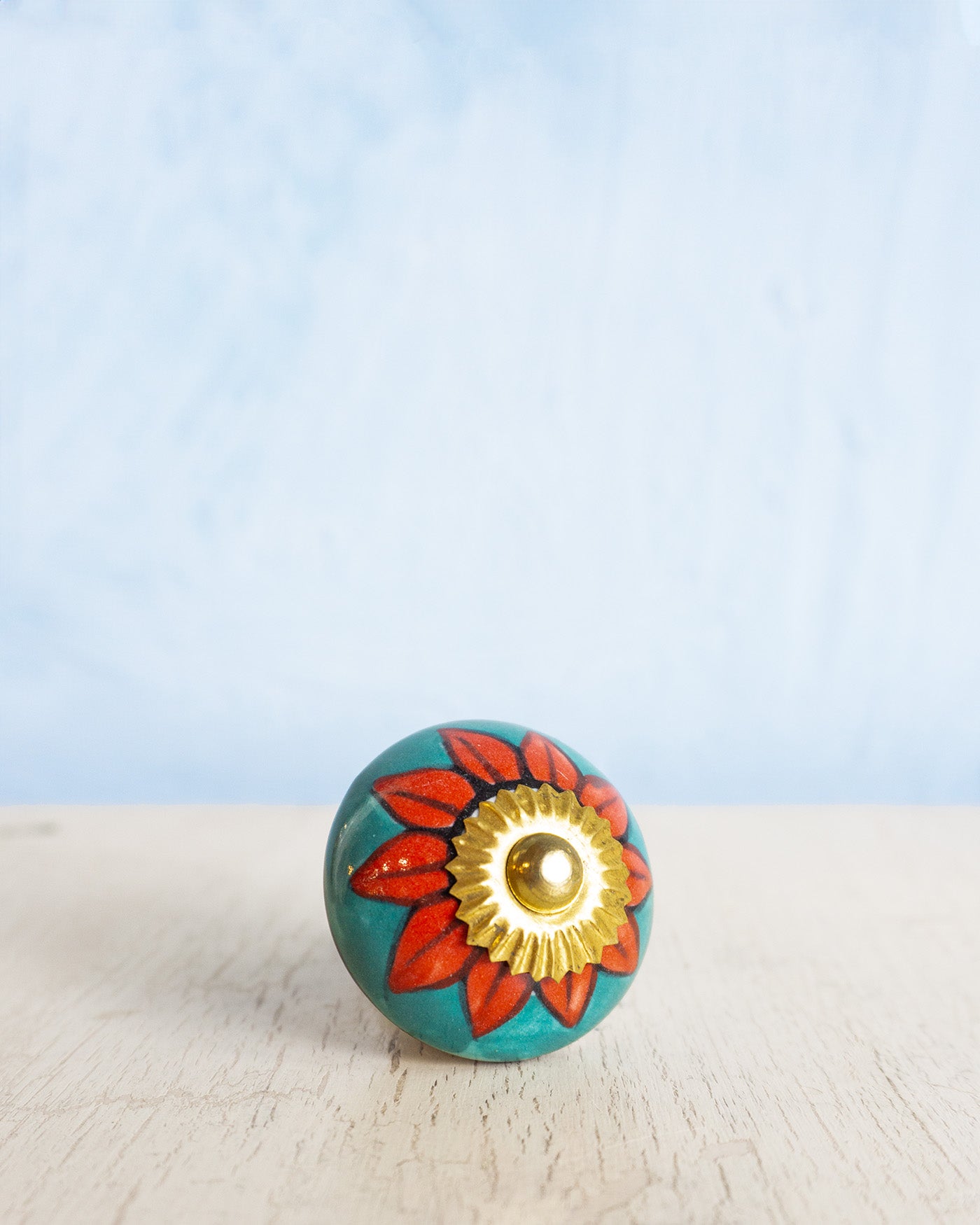ceramic furniture knob - red flower turquoise