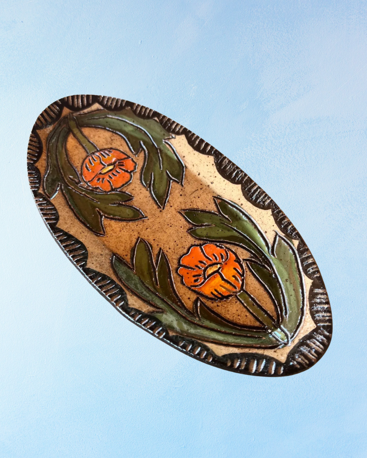 ceramic trinket dish - globe mallow sgraffito