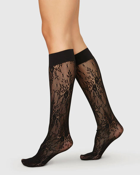 Swedish stockings rosa lace knee highs in black