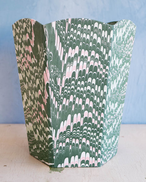 scalloped basket - green and pink marble