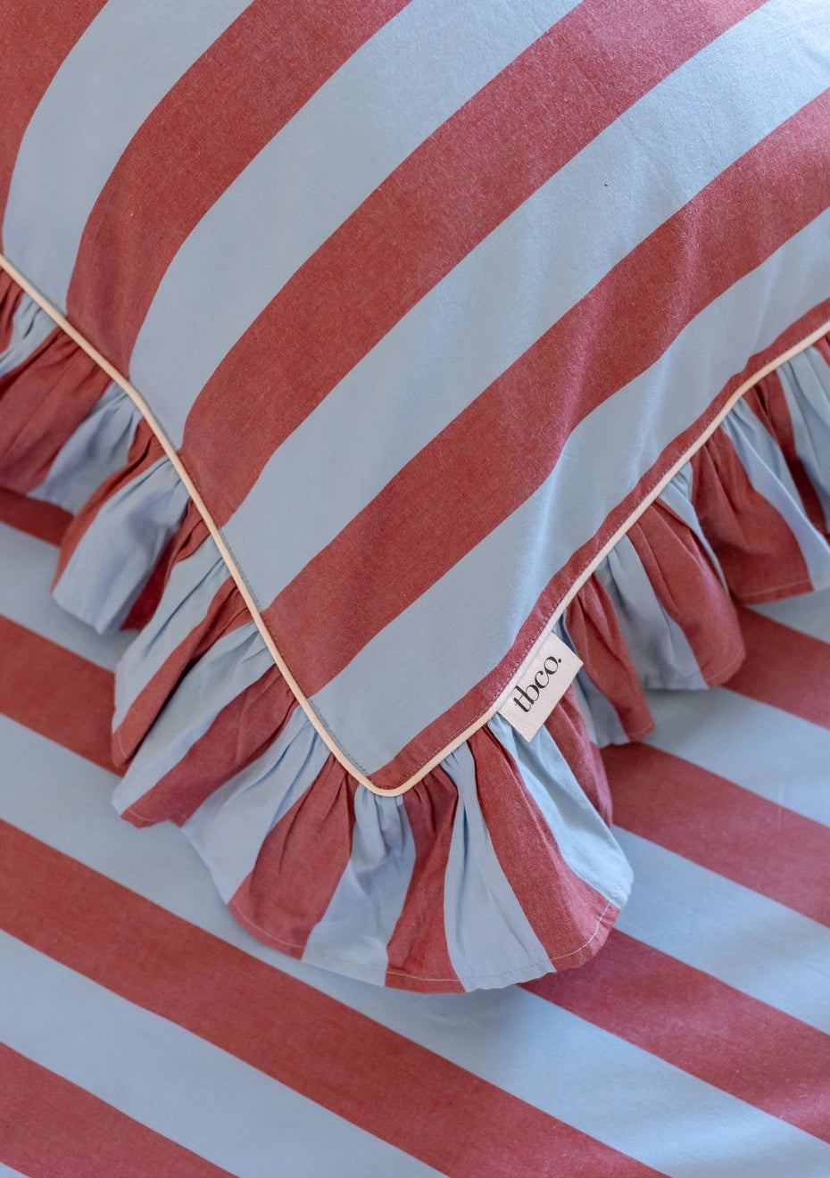 bedding - pillowcases: blue and red stripe ruffle