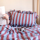 pillowcases - blue & red stripe ruffle
