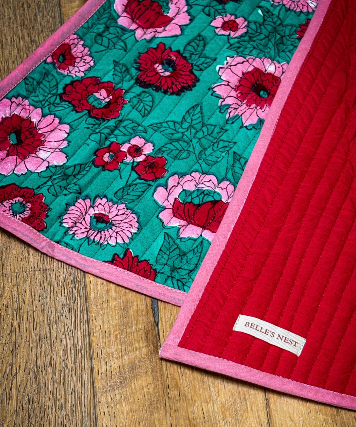 quilted block printed tree skirt - teal and pink