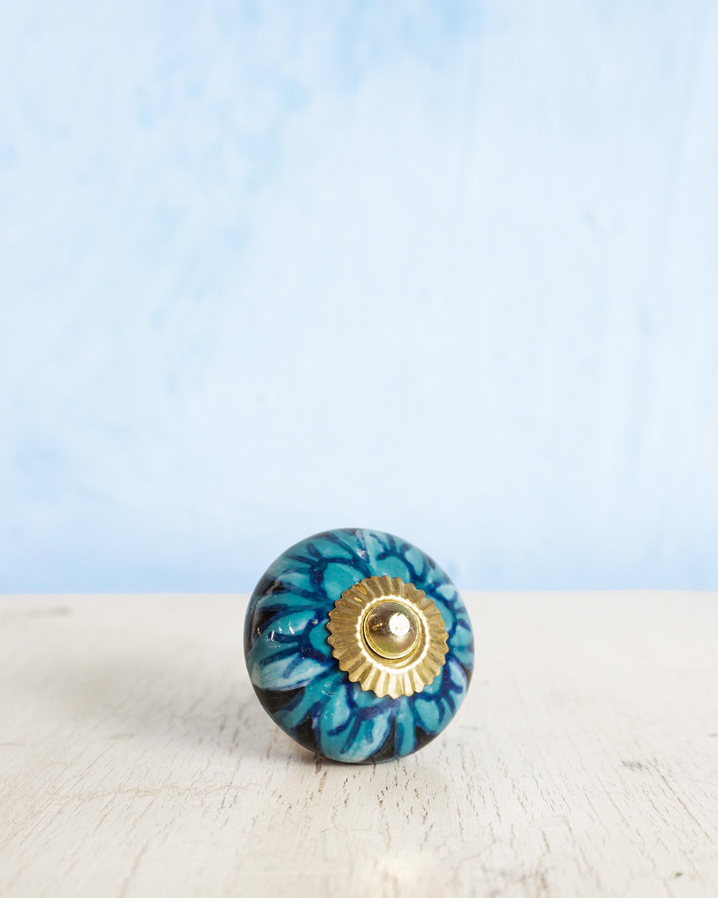 ceramic furniture knob - turquoise and black flower