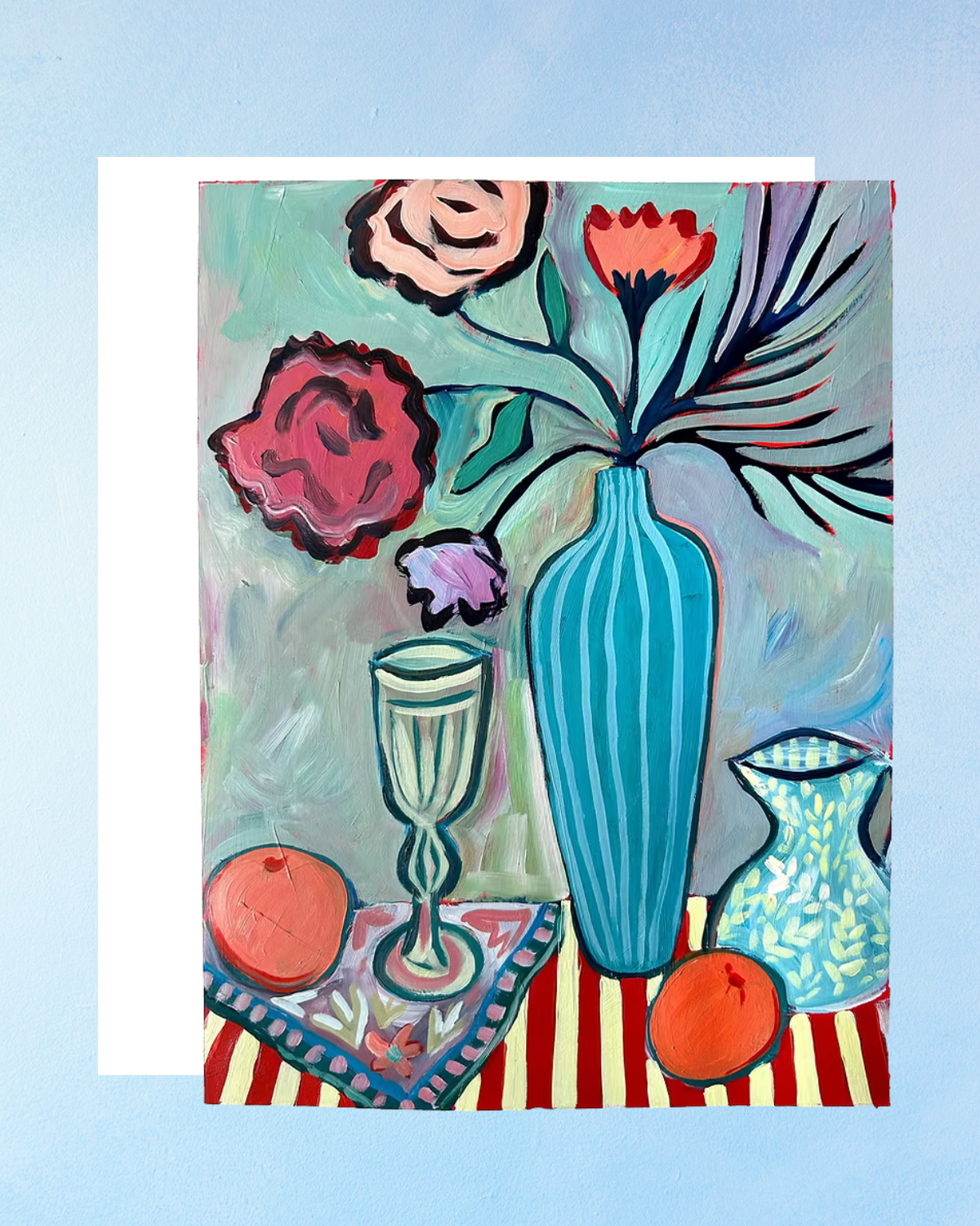 greeting card - blue vase and clementines