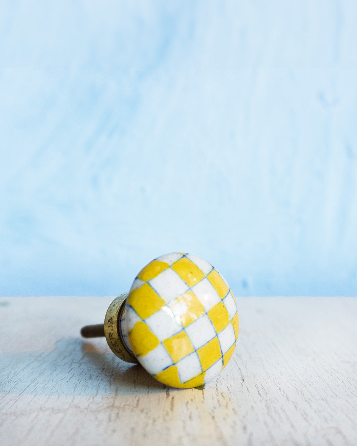 ceramic furniture knob - yellow and white checkerboard