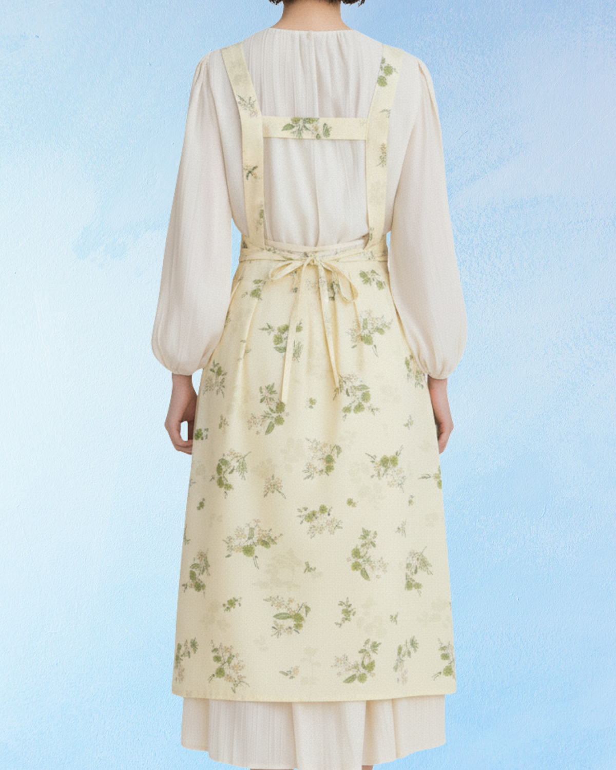 apron - floral double tie - pale yellow