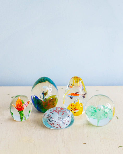 Five different vintage glass paper weights