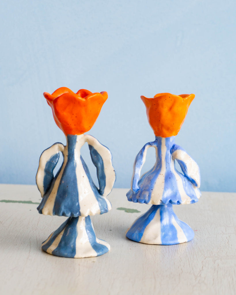 Toni Darling Frank blue and orange tulip candlestick holders