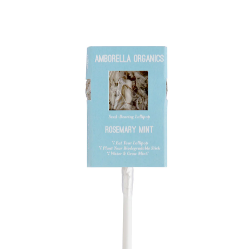 A blue blooming lollipop in the rosemary mint flavour by Amborella Organics.