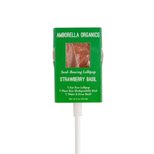 A green blooming lollipop in the strawberry basil flavour by Amborella Organics.