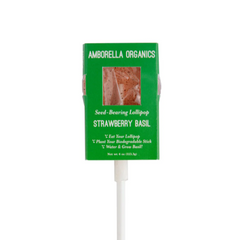 A green blooming lollipop in the strawberry basil flavour by Amborella Organics.