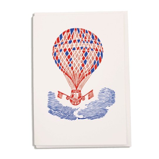 A greeting card featuring a hot air balloon. 