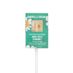 A green blooming lollipop in the green apple chamomile flavour by Amborella Organics.