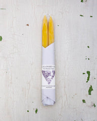 Set of two beeswax tapers in traditional yellow colour, bottom half wrapped in white paper by Huckleberry Hives.