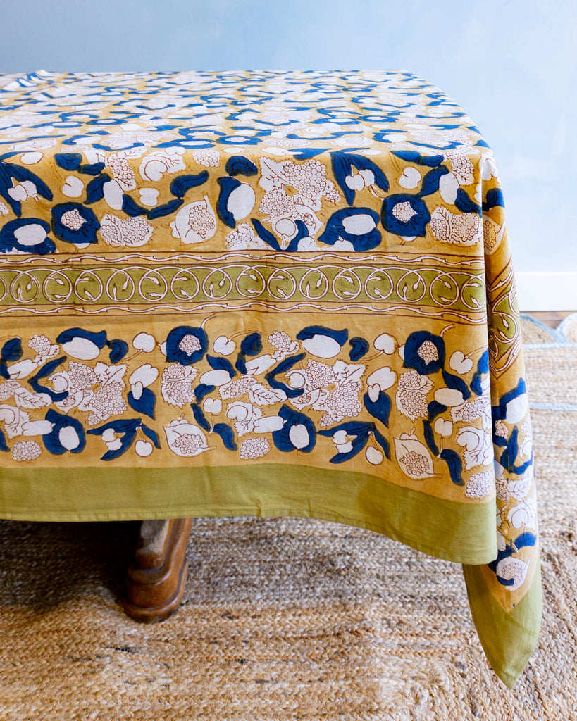 tablecloth - forest harvest mustard & blue