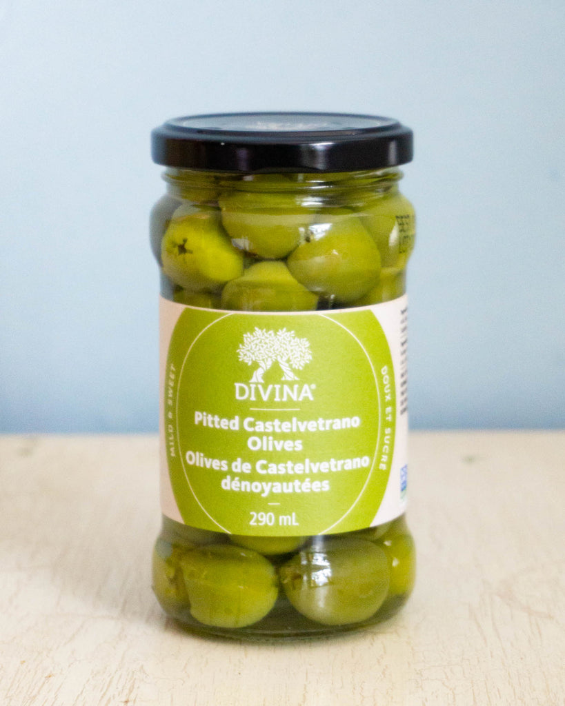 A jar of pitted castelvestrano olives