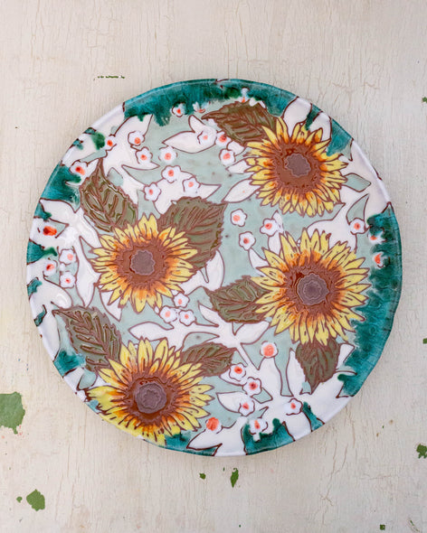 Ceramic platter with sunflowers and green details 