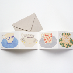 Greeting card featuring four beautiful sets of tea cups and saucers, based on paintings and objects from Kettles Yard house, Cambridge.