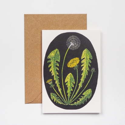 A greeting card featuring an illustration of a dandelion. 