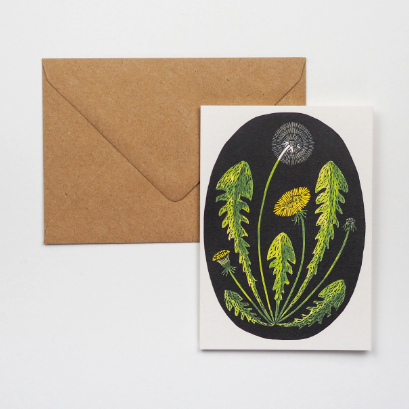A greeting card featuring an illustration of a dandelion. 