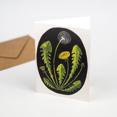 A greeting card featuring an illustration of a dandelion. 