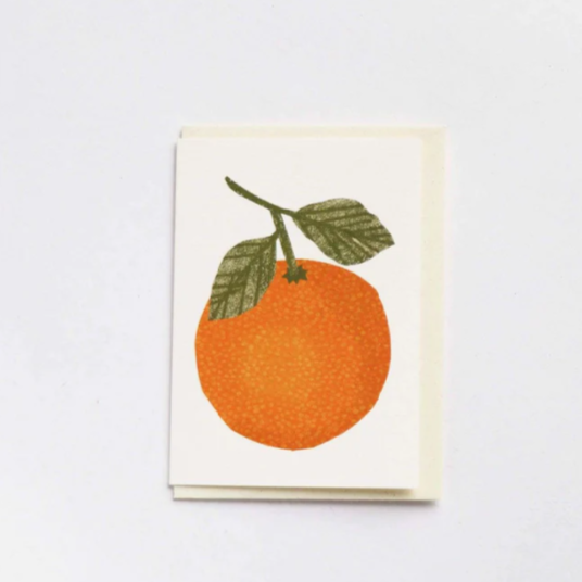 A wee greeting card with an orange on it.