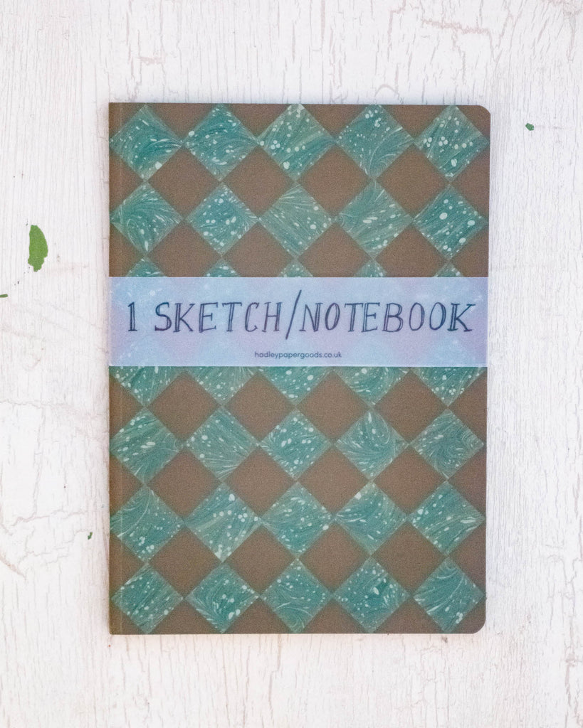 notebook - brown & marbled green chequered