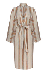 A beige robe with yellow and brown vertical stripes.