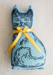 Calico cat balsam pillows in blue with a yellow ribbon