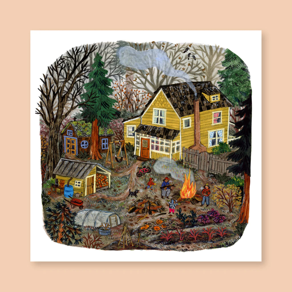A full-colour illustration of a house and backyard with a bonfire - originally created with watercolour, collage, coloured pencil, and gouache. Made by Phoebe Wahl.