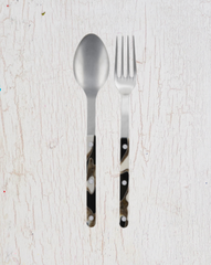 Large serving size stainless steel spoon and fork, with marbled brown, white and black acrylic handle.  By Sabre Paris.