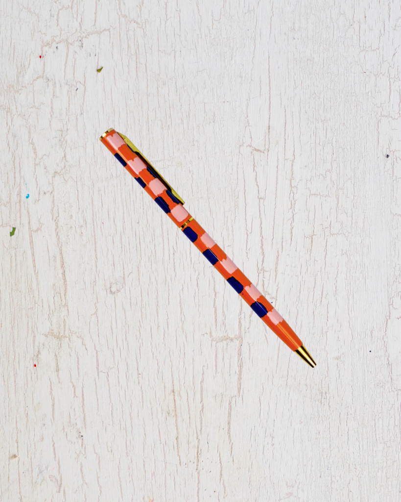 Metal pen with orange and blue squares