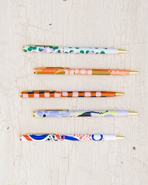 Five printed metal pens