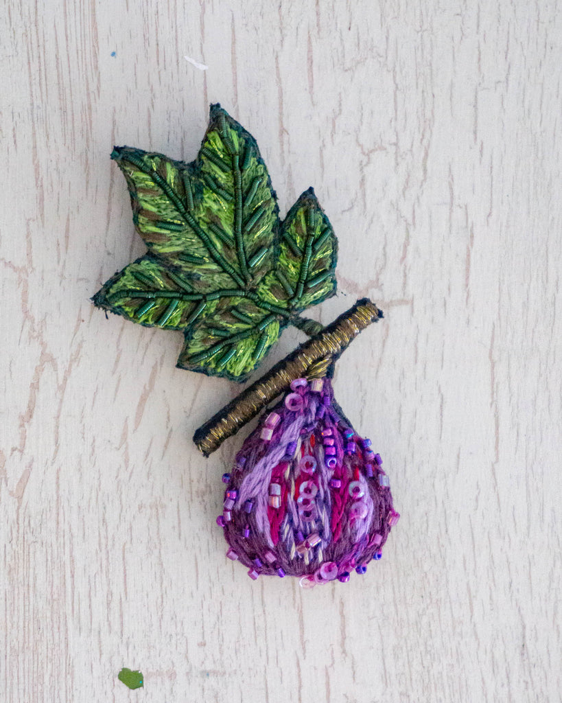 Hand-embroidered fig brooch