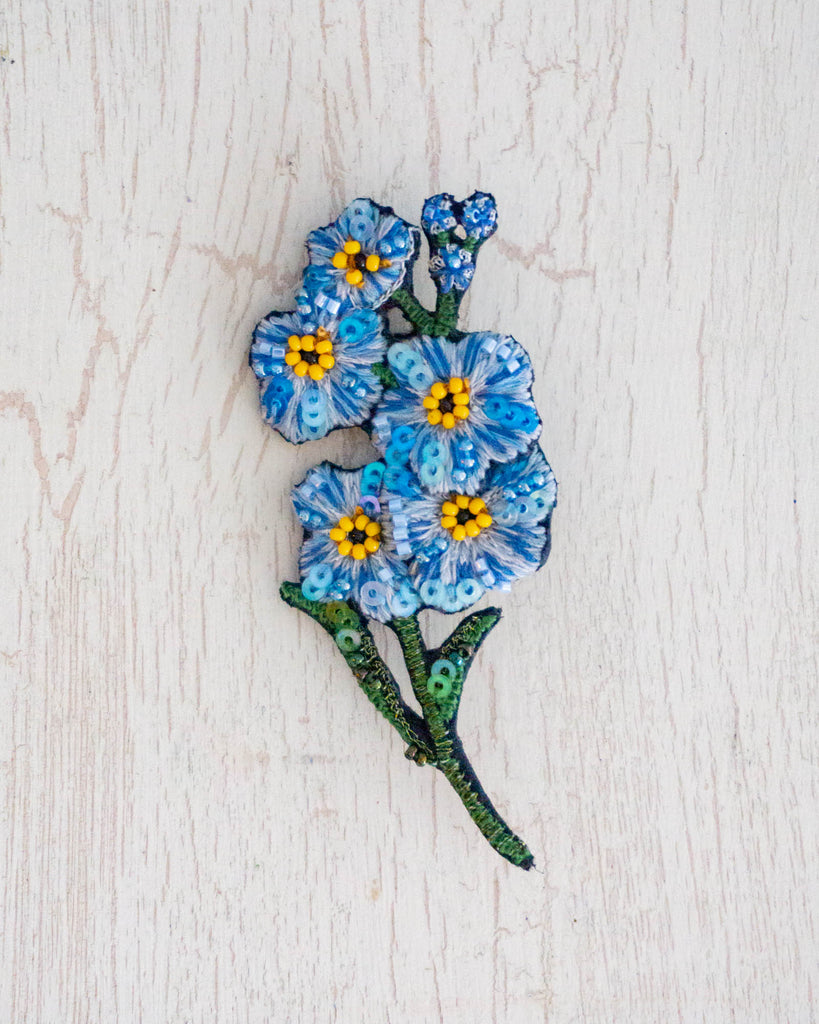 Hand-embroidered Forget Me Not Brooch